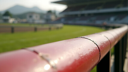 A close-up of a dew-kissed red railing, overlooking a vibrant green field and a blurred stadium background. Serene morning atmosphere.