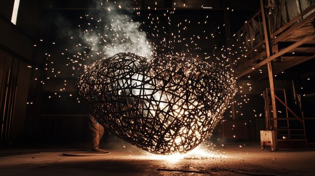 A welders sparks flying against a backdrop of a newly shaped metal sculpture showcasing the raw energy of creation in a dimly lit workshop.