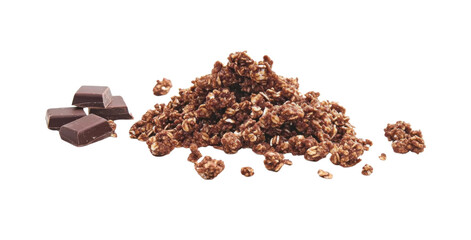 Crunchy granola- muesli pile with chocolate isolated on white background- side view