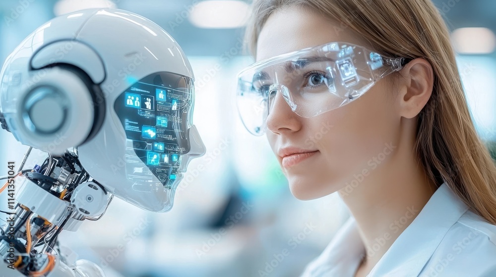 Poster woman in lab coat collaborating with advanced robotic technology in futuristic science and innovatio