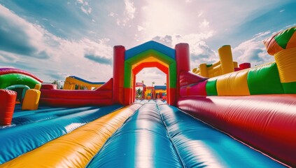 Colorful Inflatable Obstacle Course on a Sunny Day
