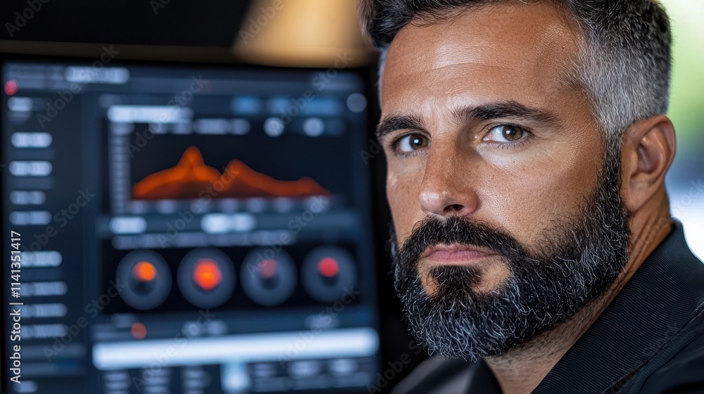 Poster serious middle aged man with beard carefully analyzing financial charts and data on computer display