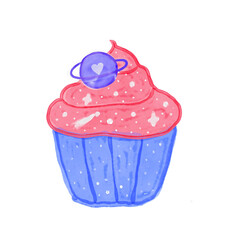 cupcake with a cosmic pattern. red cream decorated with Saturn caramel with a heart in a blue cup