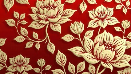 A vibrant red canvas set ablaze with delicate white and crimson floral patterns, accented by a majestic lotus bloom on the right, its petals unfolding in beauty amidst lush greenery
