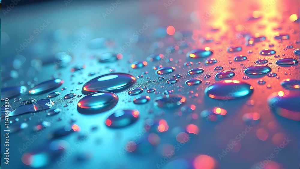 Poster vibrant water droplets shimmer under a captivating, dual-toned light, creating a mesmerizing abstrac