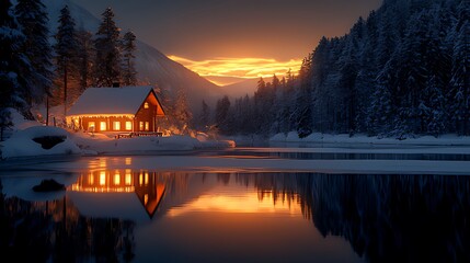 Fototapeta premium Cozy cabin glowing at sunset reflected in a frozen lake, surrounded by snow-covered pine trees.