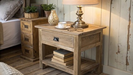 A rustic bedside table holds a charming lamp its warm light creating an intimate setting while a stack of books adds a personal touch to the decor.