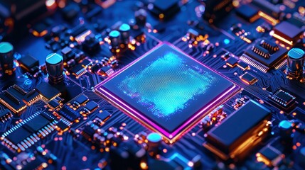 Obraz premium Close-up of a Microchip's Intricate Design, Highlighting its Complex Circuitry and Data Processing Capabilities.