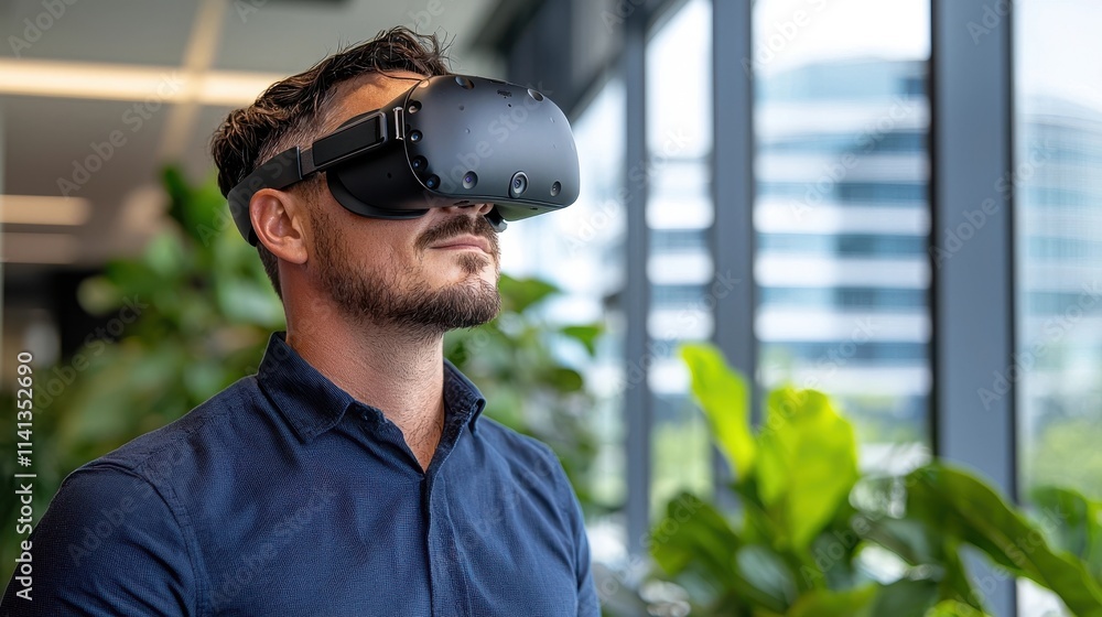 Poster man wearing virtual reality vr headset immersed in digital technology experience in modern office se