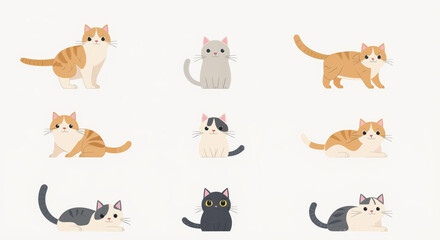 Fototapeta premium Cute Cat Illustrations Collection Featuring Adorable Kittens in Various Poses, Perfect for Pet-Themed Designs and Prints