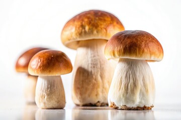 Obraz premium Gourmet porcini mushrooms: a pristine white background highlights their elegant, isolated forms.