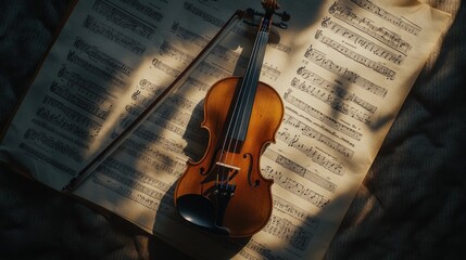 Naklejka premium Violin and Sheet Music in Warm Light