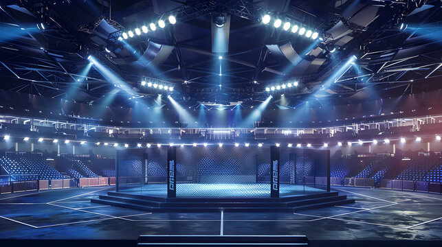 Spotlights and MMA Cage in Fighting Arena

