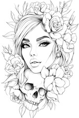 A woman with a skull and flowers on her face. The skull is positioned to the left of the woman's face