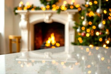 Fototapeta premium A close-up of a white marble table top, with a blurred background of a fireplace, candles, a Christmas tree and garlands lights. A festive atmosphere in a cozy home environment