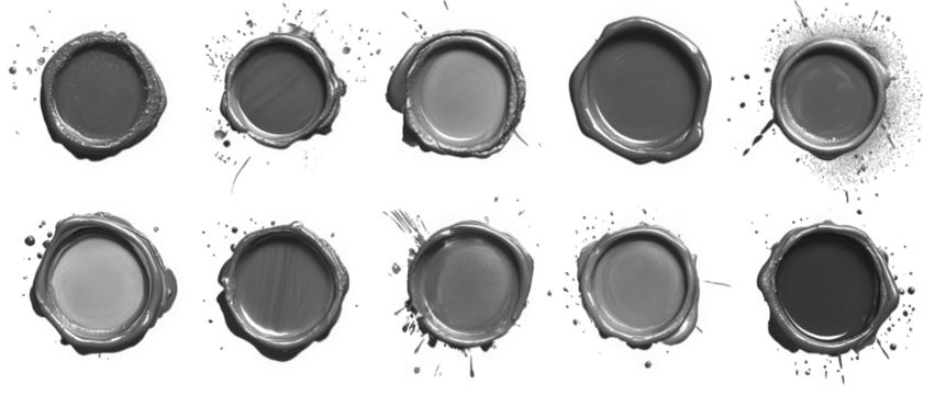 ten gray wax seals with splatters on a transparent background. perfect for a vintage or rustic look