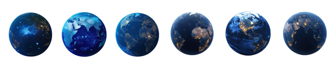 Six different views of a blue Earth on transparent background
