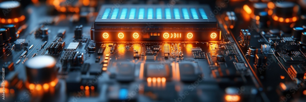 Poster close-up of a circuit board with glowing components, showcasing technology and innovation.