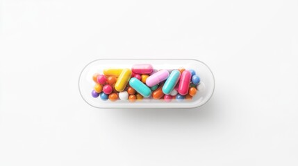 Colorful assortment of pills and capsules in a transparent container.