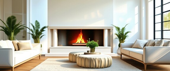 Fototapeta premium Photograph of a modern living room with a large, white, minimalist fireplace in the center. The fireplace has a wooden mantel and a roaring fire with bright flames. The room features a beige, round ot