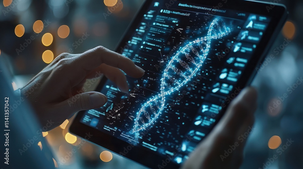 Poster a hand interacting with a tablet displaying a digital dna double helix and scientific data.