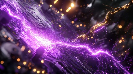 Fototapeta premium Abstract Digital Energy: Purple Lightning and Golden Flow