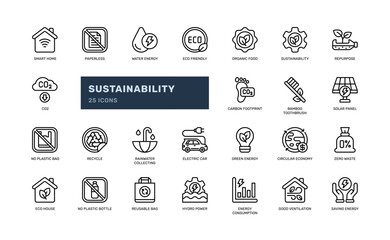 sustainability ecology environment save earth outline line icon set