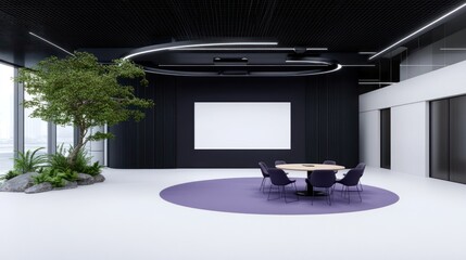 Modern meeting space with a circular table and greenery.