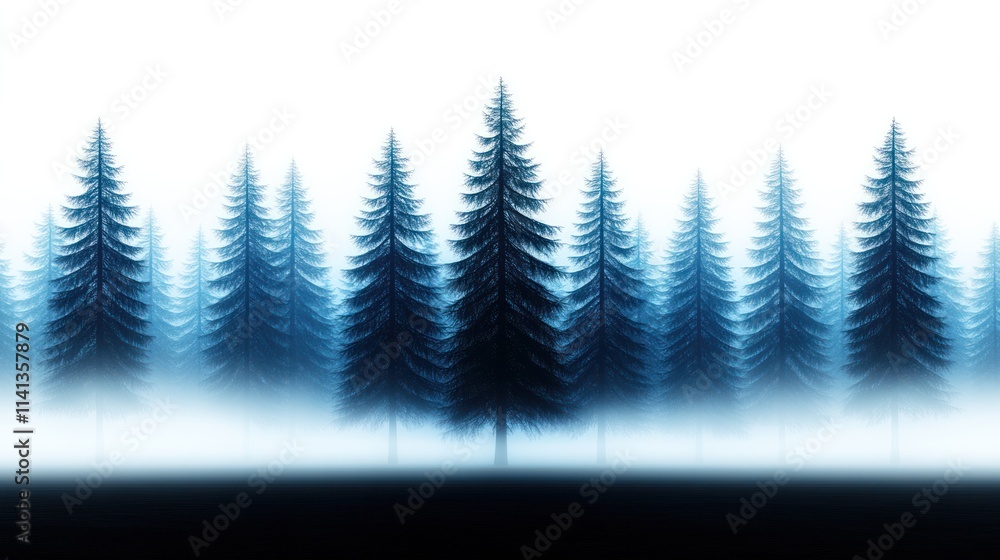 Poster misty forest with tall trees creating a serene atmosphere.