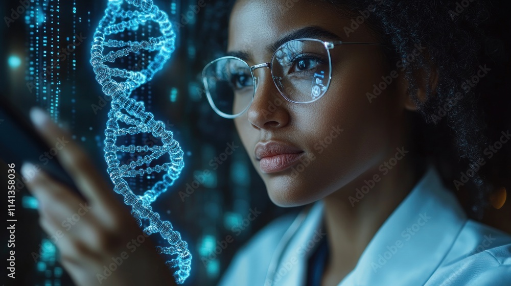 Poster a scientist analyzing data with a dna strand visualization in the background.