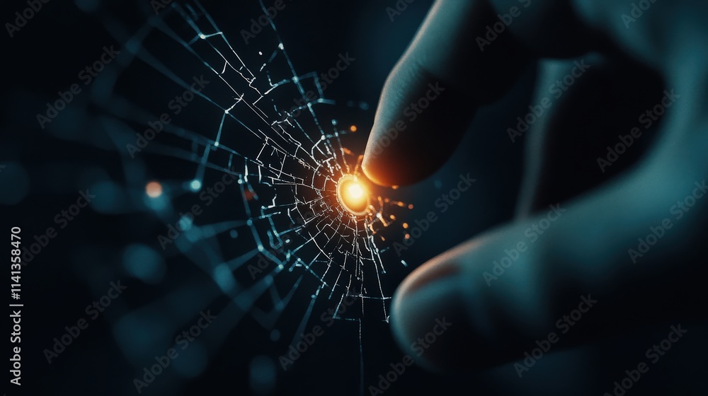 Poster Abstract representation of human touch interacting with digital web of interconnected nodes and light, symbolizing technology, innovation, and connectivity in the modern era