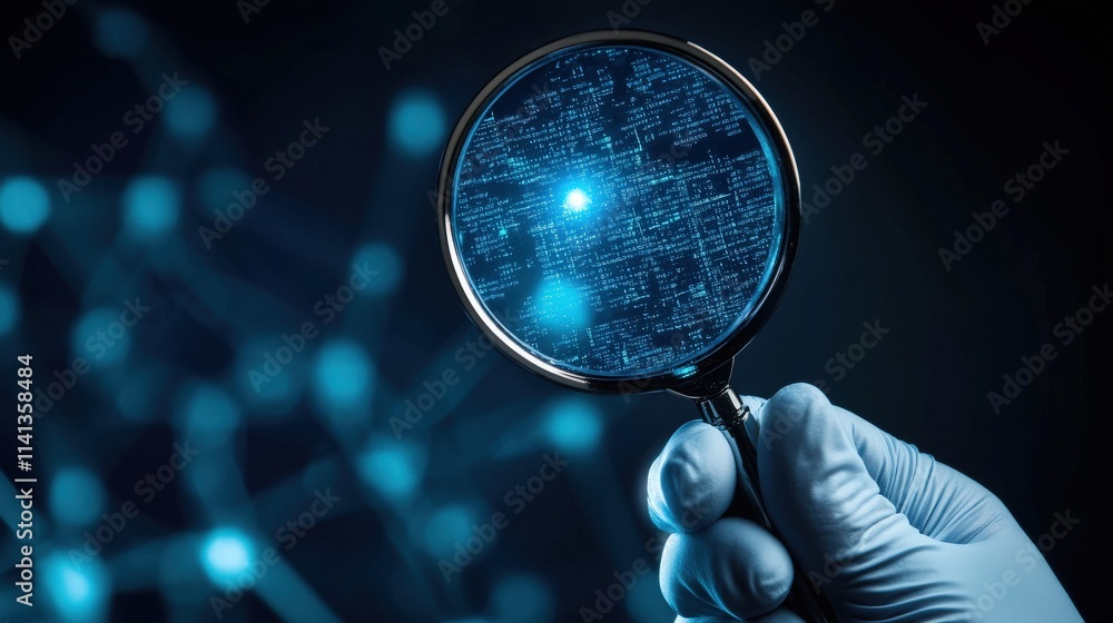 Poster close-up of a hand holding a magnifying glass that reveals a digital network of glowing data points 
