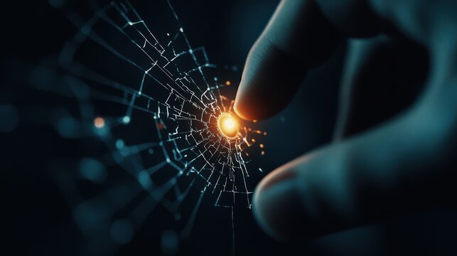 Abstract representation of human touch interacting with digital web of interconnected nodes and light, symbolizing technology, innovation, and connectivity in the modern era