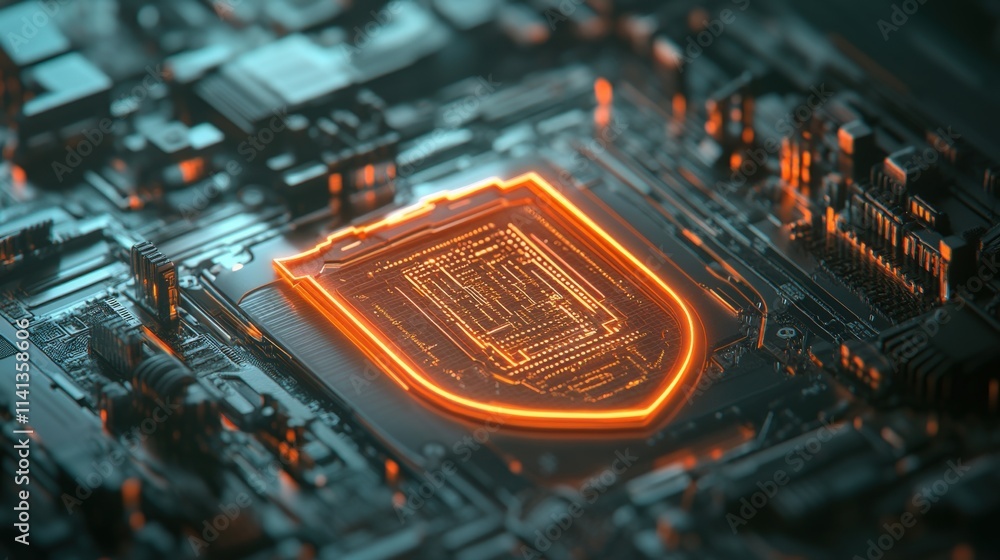 Poster Abstract Representation of a High-Tech Circuit Board with Illuminated Shield Design and Glowing Elements, Symbolizing Data Security and Digital Protection