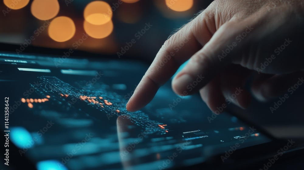Poster Person Using Touchscreen Device for Data Analysis, Technology Exploration in a Modern Setting with Blurry Lights in Background, Innovative User Interaction