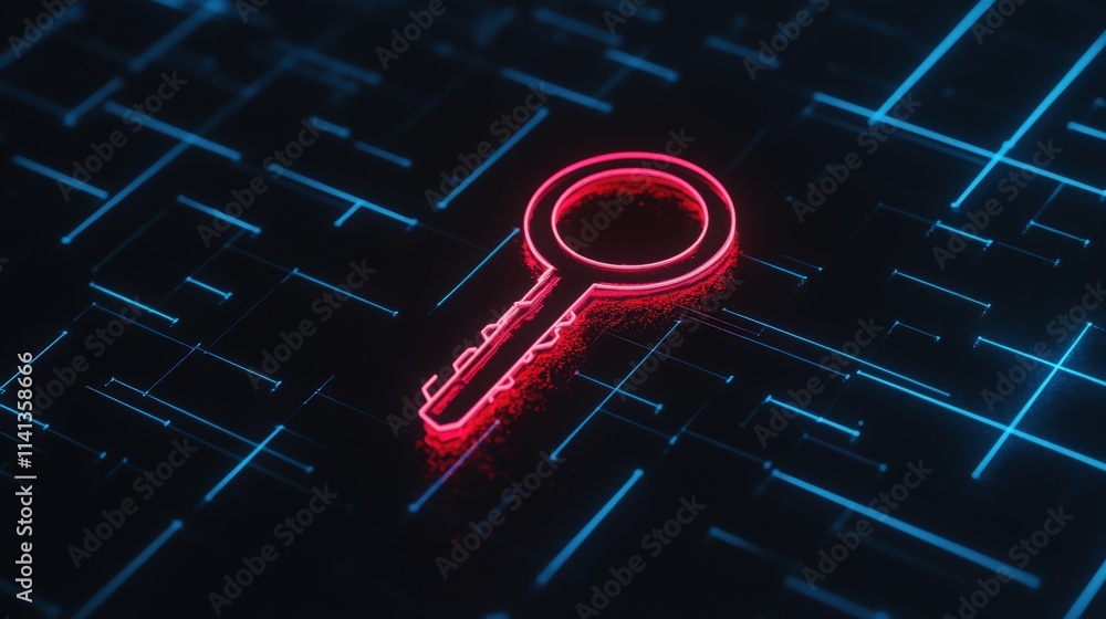 Poster Neon Glow Key Symbol on Futuristic Digital Background Representing Security, Access, and Technology in a Cyber Environment with Geometric Patterns
