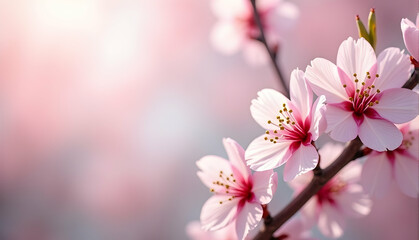 Delicate pink blossoms bathed in sunlight, a breathtaking spring scene.  Petals unfurl, showcasing nature's gentle beauty.