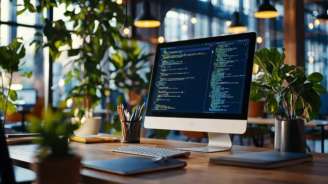 Modern Workspace Computer Coding Desk Surrounded by Technology and Plants, Prores 422HQ