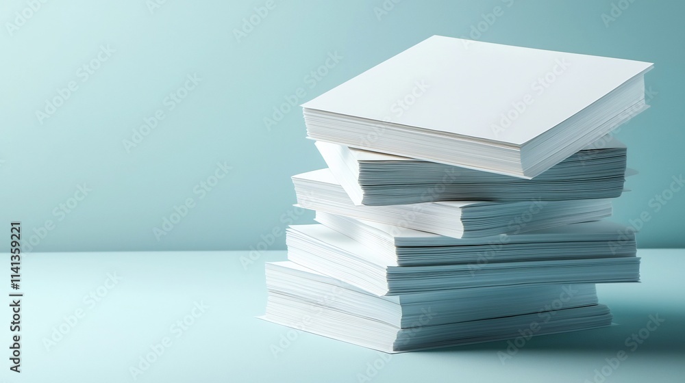 Poster floating stack of blank a4 size papers with slight bends and reflections on a clean pristine white b