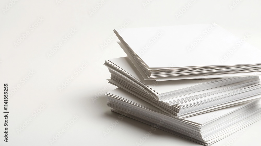 Poster elegant and minimalist image of a floating stack of blank a4 paper with slight bends and subtle refl