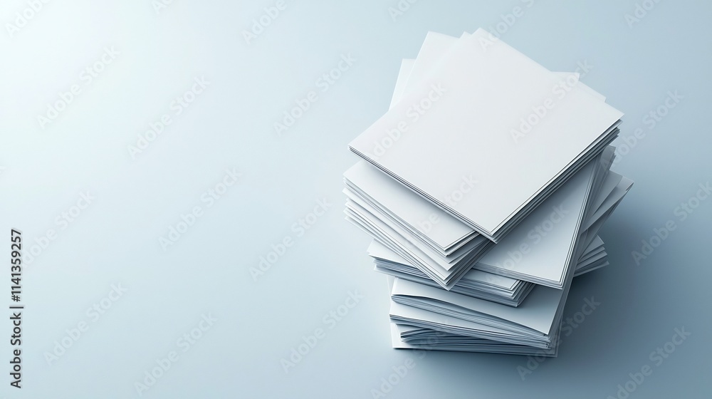 Poster floating stack of blank a4 paper with slight bends and reflections on a clean modern white backgroun
