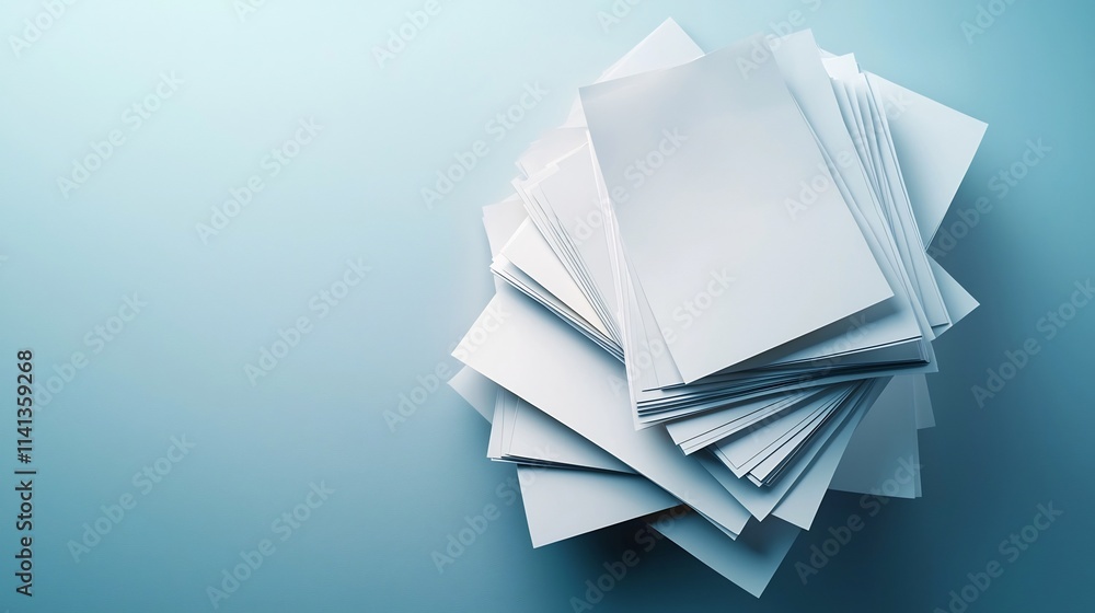 Poster minimalist floating stack of blank a4 paper with slight bends and soft reflections on a clean white 