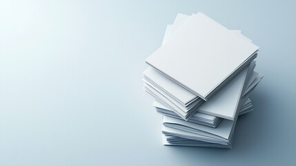 Floating stack of blank A4 paper with slight bends and reflections on a clean modern white background  Minimalist and abstract design concept for office business or corporate presentations