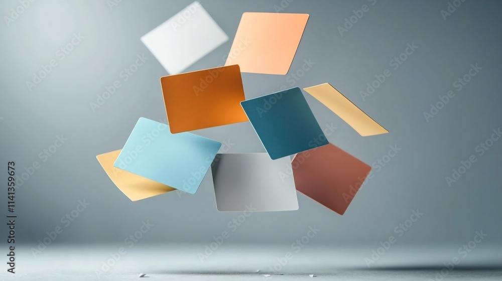 Poster assorted vibrant index cards softly levitating in mid air with a serene gray backdrop creating a min