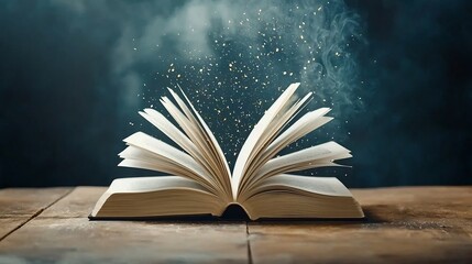 Glossy hardcover book with floating pages mid flip against a subtle dark blue gradient background  The book s pages seem to be in motion creating a dynamic and captivating visual effect