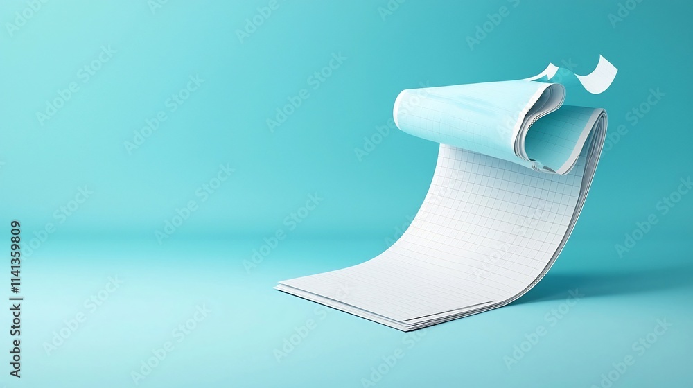 Poster floating minimalist paper notepad with visible grid lines set against a clean monochrome background 