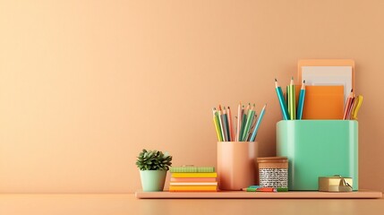 Floating desk organizer filled with an array of colorful pens pencils and other office supplies set against a serene beige background for a minimalist modern workspace