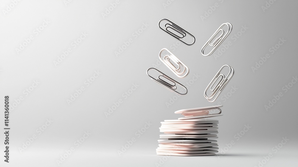 Poster a stack of shiny metallic silver paper clips floating against a minimalist gradient white gray backd