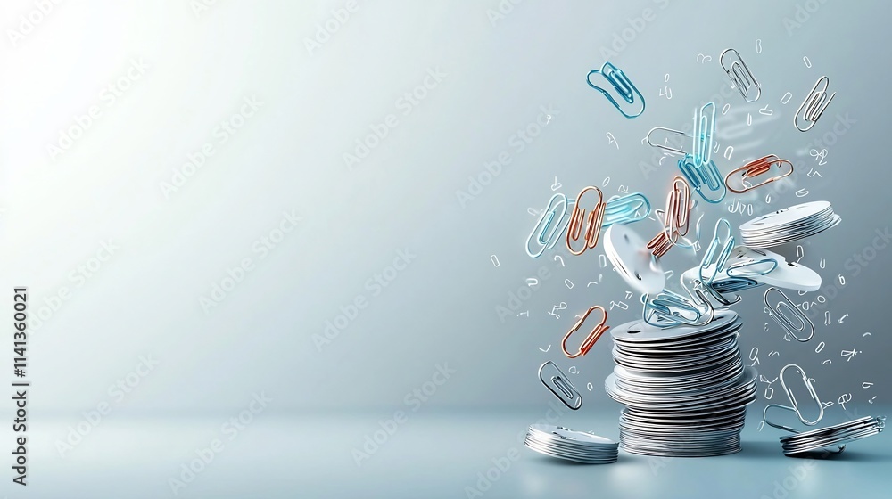 Poster a captivating minimalist composition featuring a stack of shiny silver metallic paper clips arranged