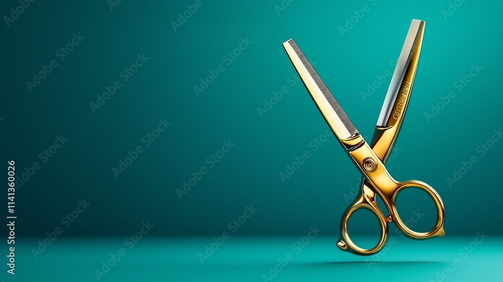 Poster elegant floating golden scissors with polished handles set against a vibrant royal blue gradient bac